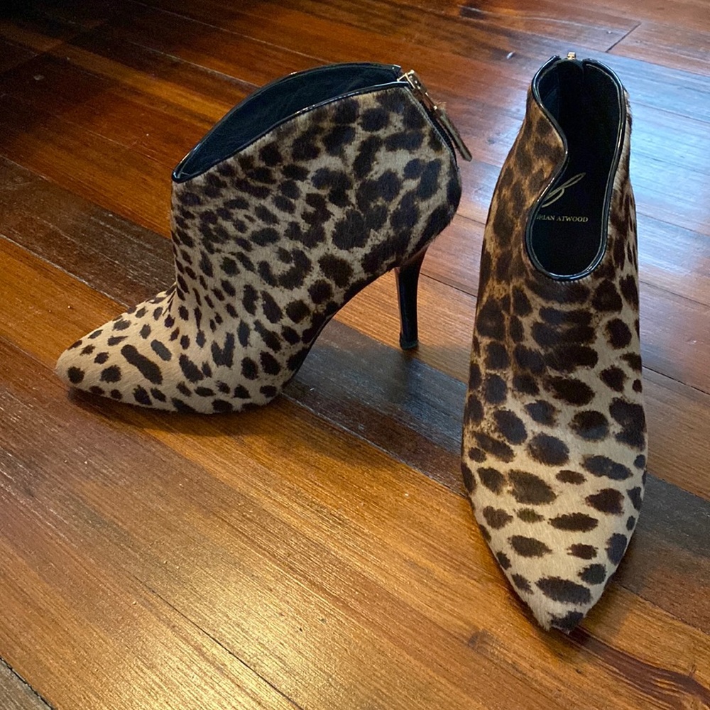 Brian Atwood pony hair leopard print high heeled boots